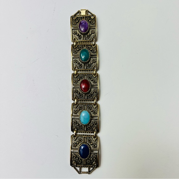 VINTAGE GRANADA 1970’s BAROQUE CHUNKY CABOCHON ANTIQUE GOLD  BRACELET - Picture 3 of 13